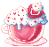 A pink teacup overflowing with whipped cream