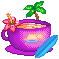 A pink teacup with a hibiscus, surfboard, and palmtree nearby